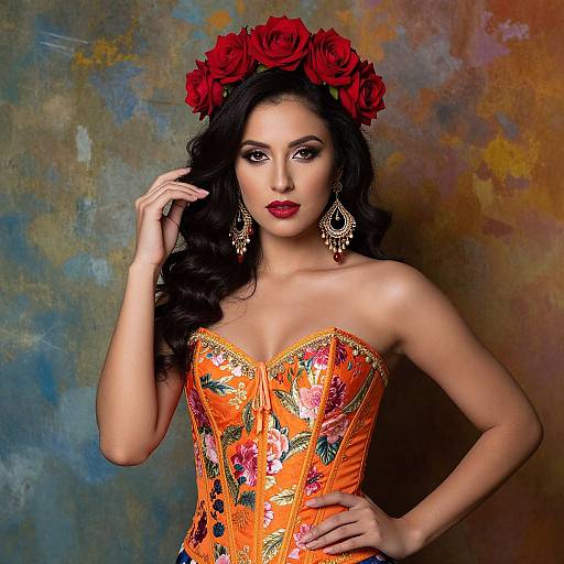 Photograph of a stunning Latina woman with long black hair, red roses in her hair, wearing an orange floral corset, gold earrings, and red