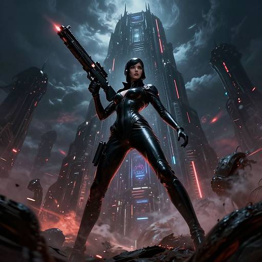 Digital artwork of a fierce, black-haired woman in a tight, black latex suit, holding a massive gun, standing confidently in a futuristic, dystopian