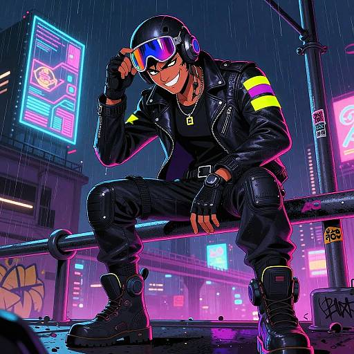 Neon-lit cyberpunk cityscape: muscular man in black leather jacket, gloves, and helmet, sitting on a street pole, adjusting goggles,