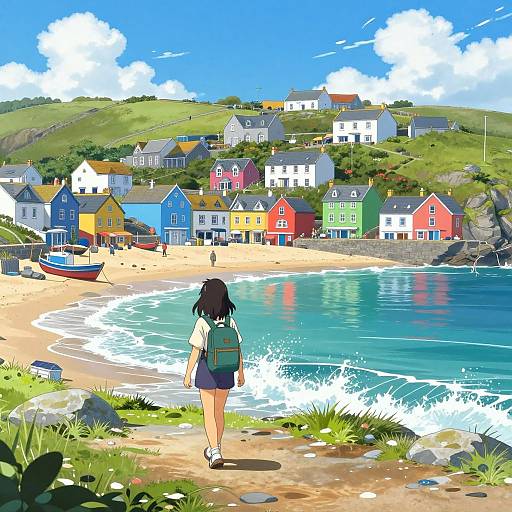 Digital anime-style illustration of a girl with a backpack, black hair, and white shirt, standing on a rocky beach, facing colorful beach houses and a