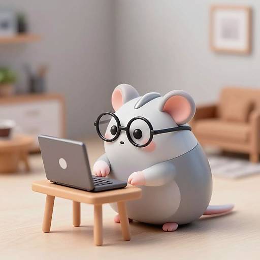 CGI image of a chubby, gray, mouse with large glasses typing on a laptop at a small wooden table in a bright, modern living room.