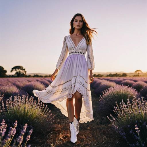 Woman in Ivory Bohemian Dress in Lavender Field