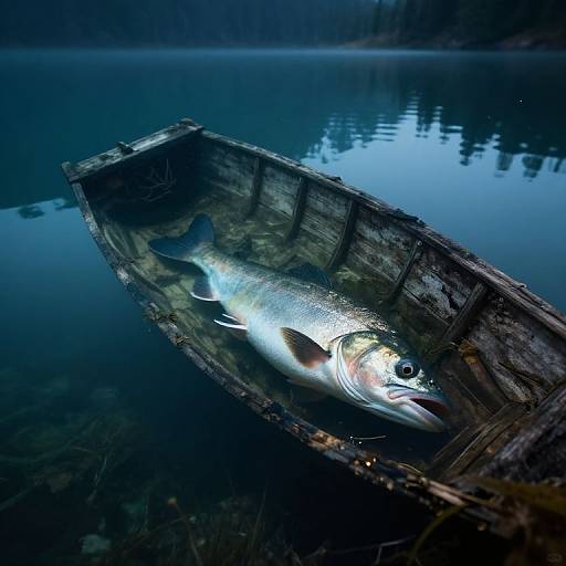 Photograph of a glowing fish in a weathered wooden boat on a dark, calm lake with forest reflections at night.