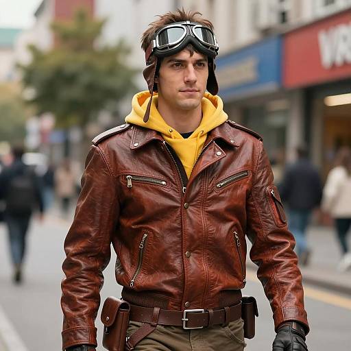 Young Man in Brown Leather Aviator Jacket on Urban Street