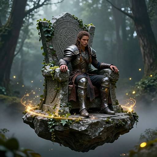 Digital artwork of a muscular, armored man with curly brown hair sitting on a moss-covered, ancient stone throne surrounded by floating fire in a misty forest