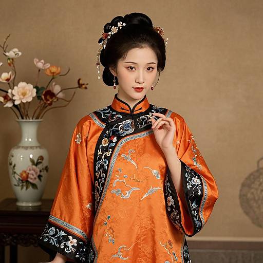 Photograph of an Asian woman in an orange, floral-patterned traditional Chinese silk dress, with black trim, standing in front of a beige wall with