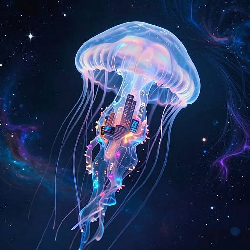 Digital artwork of a glowing, neon-colored jellyfish with a futuristic city structure inside, floating in a star-filled, cosmic space.