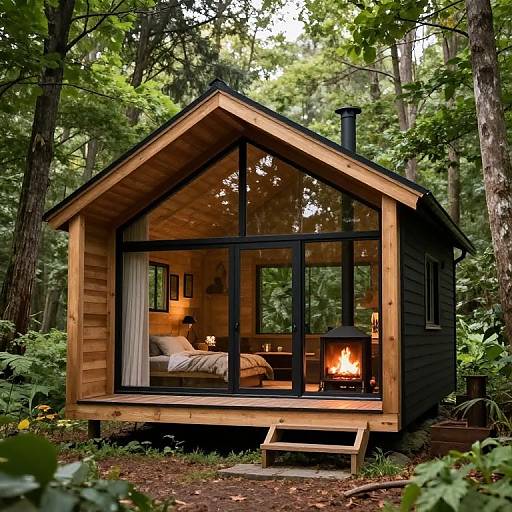 Photograph of a cozy, wooden A-frame cabin with black trim, large glass windows, a lit fireplace, and a forest backdrop.