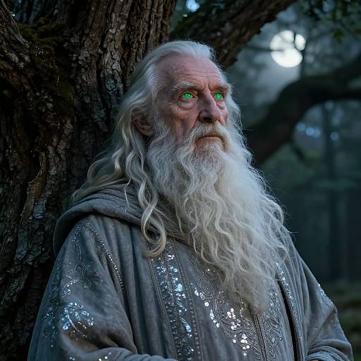 Photograph of an elderly, white-bearded wizard with glowing green eyes, wearing a sequined gray robe, leaning against a tree in a dark,