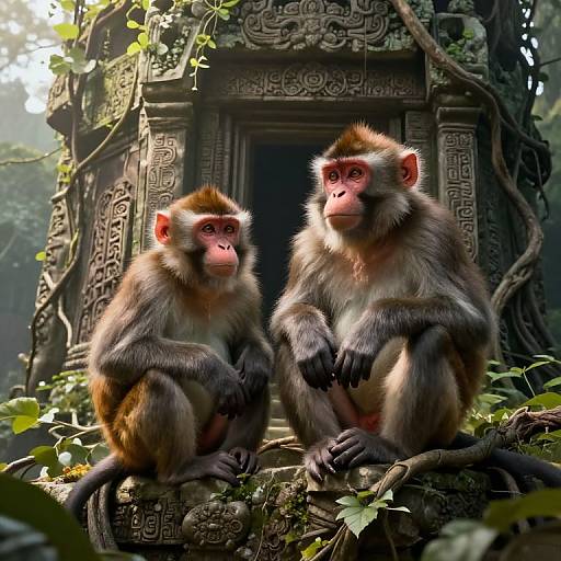 Photograph of two red-faced monkeys with brown and gray fur sitting on an ancient, intricately carved stone structure, surrounded by vines and sunlight filtering through