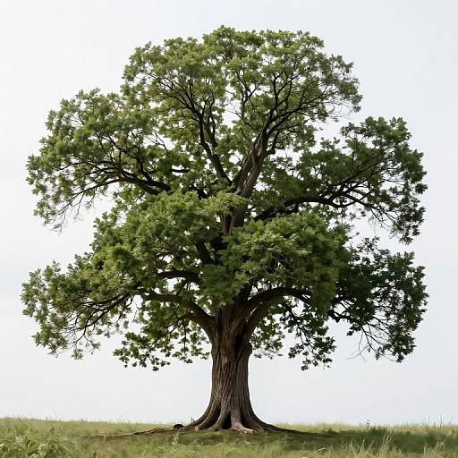 Photograph of a large, lush green tree with a thick trunk and expansive, leafy canopy, standing alone on a grassy hill against a white