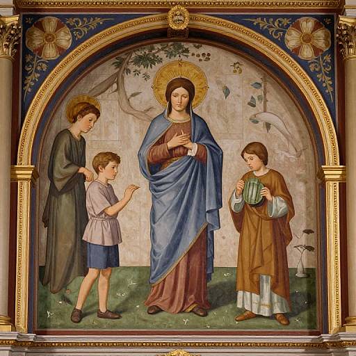 Renaissance painting of Virgin Mary in blue cloak, surrounded by three children, under a floral arch, gold halo, detailed background.