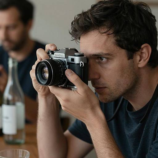 Man Using Vintage Camera Indoors