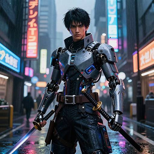 Cybernetic Samurai in Neon Rain