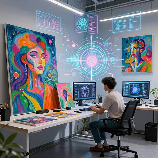 Photograph of a modern artist in a white shirt, working at a desk with vibrant, digital pop art paintings and neon light installations in a high-tech