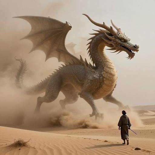 Digital art: A massive, gray dragon with large wings and sharp teeth looms over a lone, silhouetted figure with a staff in a