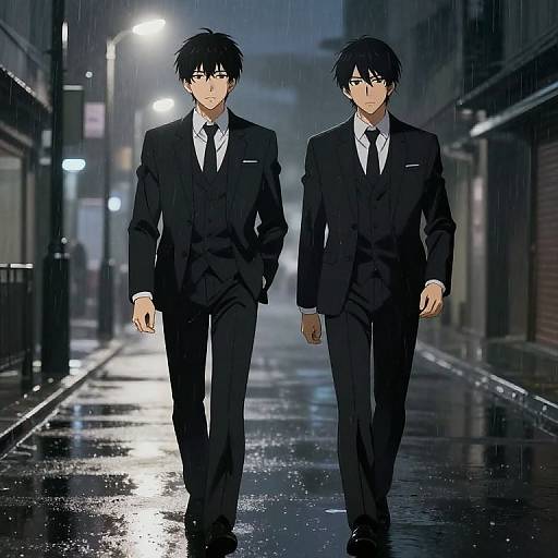 Digital anime artwork of two handsome men in black suits and ties walking on a rain-soaked, illuminated city street at night.