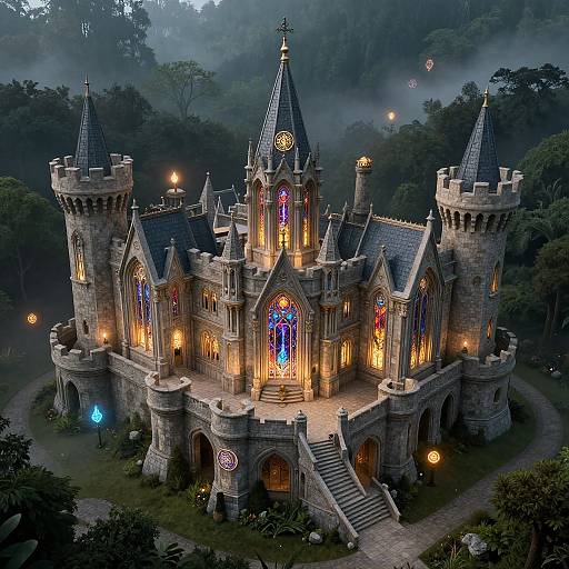 Photorealistic CGI of a medieval-style castle with ornate stained glass windows, illuminated by warm lights, surrounded by misty forest.