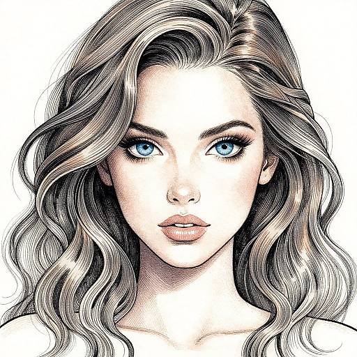 Digital illustration of a beautiful woman with long, wavy brown hair, bright blue eyes, and pale skin, featuring bold black ink lines and white background