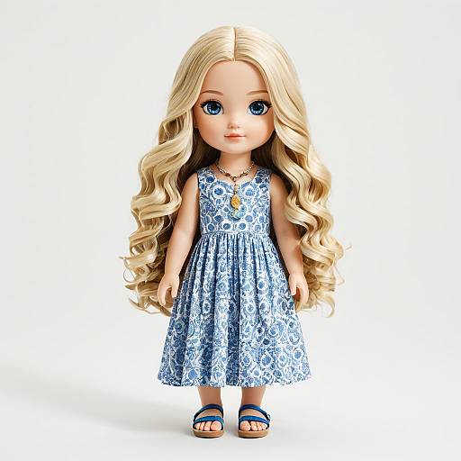 Photorealistic doll with long blonde wavy hair, blue floral dress, blue sandals, and blue eyes, standing against a white background.