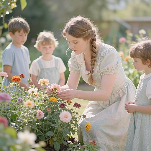 Stepmother Nurturing Flowers With Children