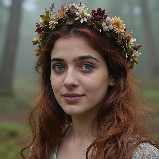 Photograph of a young woman with fair skin, blue eyes, and long red hair, wearing a flower crown, in a misty forest.
