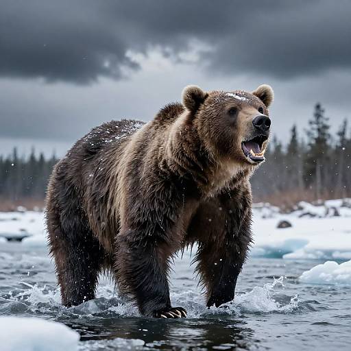 Photograph of a large brown bear standing in icy water, roaring with mouth open, surrounded by snow and dark forest under a cloudy sky.