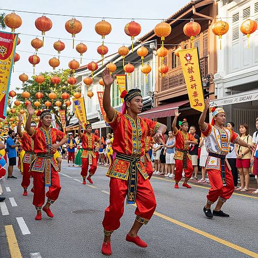 Photograph of a vibrant Chinese parade with male dancers in red traditional outfits, raising arms, surrounded by hanging lanterns, spectators, and traditional buildings.