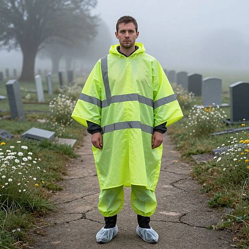 Photograph of a man in a neon yellow reflective raincoat standing in a foggy cemetery with white flowers and gravestones.