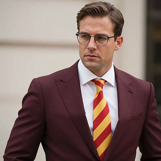 Photograph of a handsome, fair-skinned man with brown hair, wearing round glasses, a dark burgundy suit, white shirt, and red-yellow