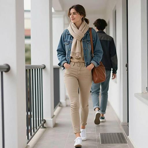 Young Woman Walking on Sunlit Balcony