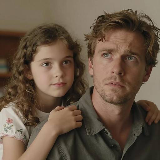 Concerned man with young girl leaning on shoulder