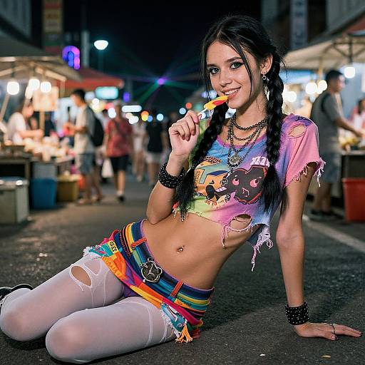 Photograph of a young woman with braided dark hair, colorful, torn crop top, rainbow skirt, white leggings, and black bracelets, licking a