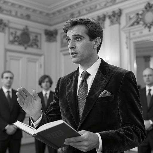 Man in Velvet Suit Reading in Ornate Room