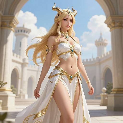Digital art of a blonde, fair-skinned, fantasy princess with horns, wearing a white, gold-trimmed, revealing outfit, standing in a