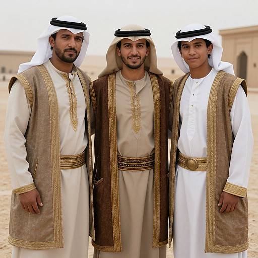 Photograph of three Middle Eastern men in white traditional thobes and beige vests, wearing white and black kufis, standing closely together outdoors.