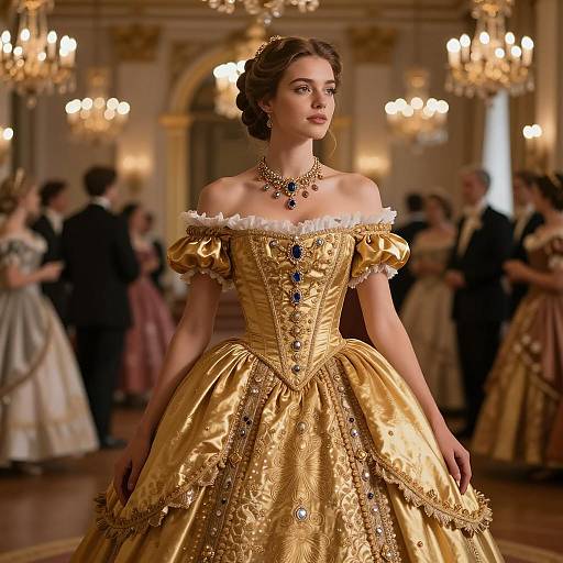 Young Woman in Golden Renaissance Ball Gown