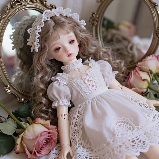 Delicate Porcelain Doll with Wilted Roses
