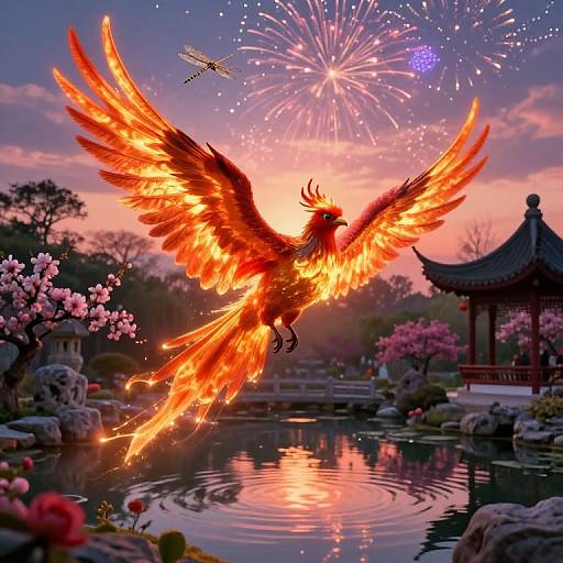 Digital art of a fiery phoenix with glowing orange and red feathers soaring over a serene Japanese garden, with fireworks exploding in the twilight sky, and a dragon