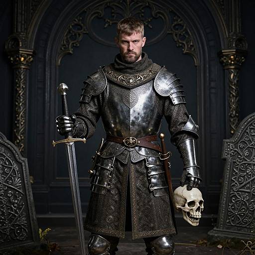 Photorealistic digital image of a bearded man in detailed medieval armor, holding a sword in his right hand and a skull in his left, standing