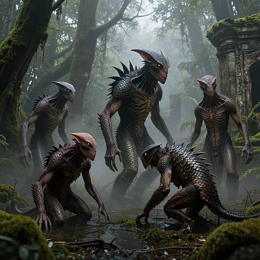 Digital artwork of five dark, reptilian, spiky creatures with red eyes in a misty, moss-covered forest, crouching around a water