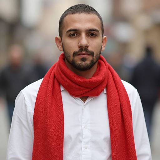 Photograph of a bearded man with dark skin and short hair, wearing a white shirt and bright red scarf, standing in a blurred urban background.
