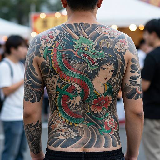 Photograph of a tattooed Asian man with intricate dragon and flower tattoo on his back, standing outdoors with blurred people and lights in the background.