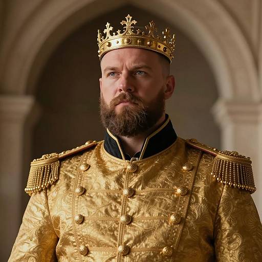 Man in Ornate Gold Crown and Regal Military Uniform