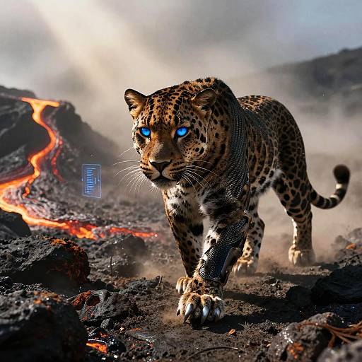 Digital artwork of a blue-eyed leopard walking through a volcanic landscape with glowing lava flows, intense sunlight, and smoke.