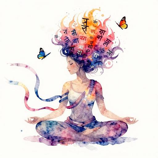 Watercolor illustration of a serene, purple-haired woman meditating, with a vibrant, text-filled, fire-like hair, and two butterflies fluttering nearby
