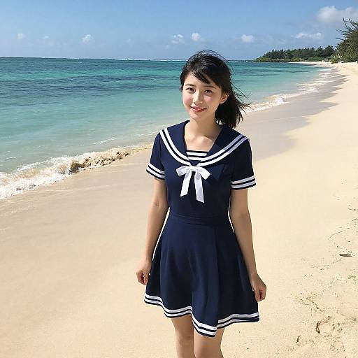 Photograph of an Asian woman with short black hair, wearing a black sailor dress with white trim, standing on a sunny, sandy beach with turquoise ocean