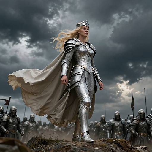 Photorealistic digital art of a blonde, armored queen with a silver crown, flowing cape, standing on a rocky hill, surrounded by armored soldiers under