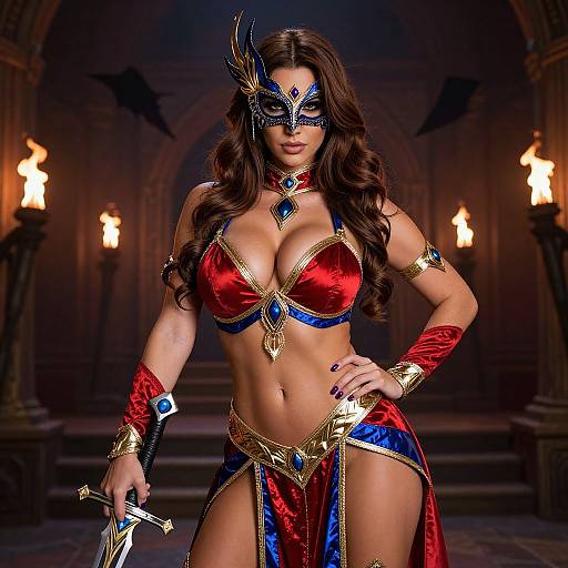 Photograph of a voluptuous woman in a revealing red and blue fantasy warrior costume, adorned with gold and blue jewels, standing confidently in a dimly