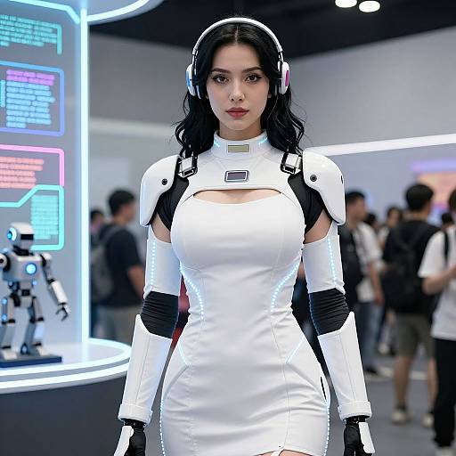 Photograph of a woman with long black hair, wearing a white, form-fitting, futuristic dress and headphones, standing in a brightly lit tech exhibition